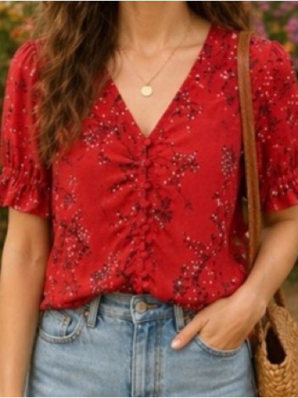 Madewell Red Floral Button-Front blouse size 6 v-neck short sleeve top